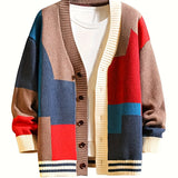 Spring & Autumn Color Spliced Knit Cardigan Sweater for Men & Women - V-Neck Casual Sweater