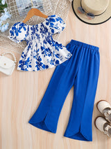 Girls 2pcs Shirred Shirt & Elastic Waist Flared Pants Set Floral Print Short Puff Sleeve Top Elegant Kids Clothes Summer