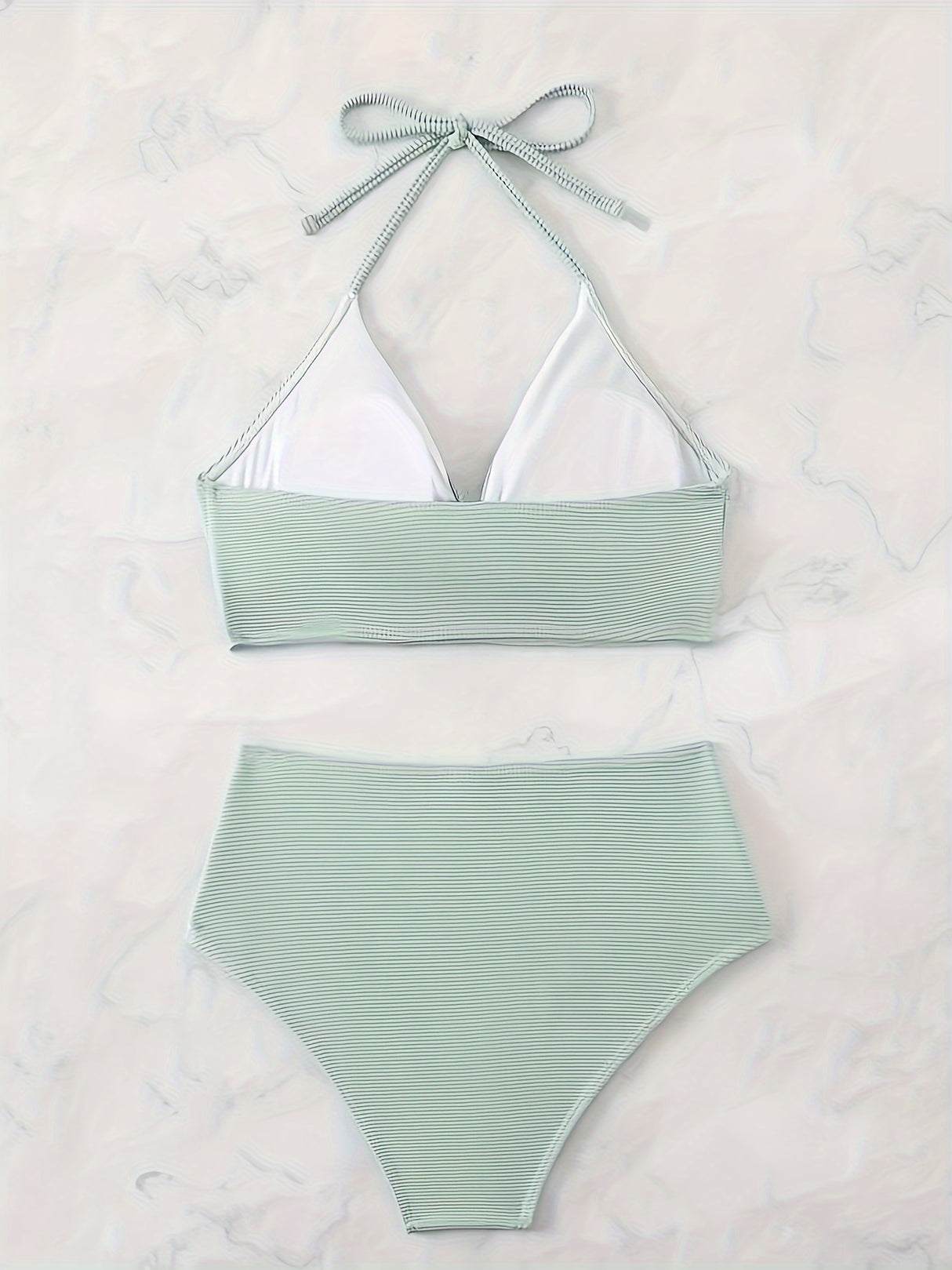 Elegant High-Waist Bikini Set with V-Neck Tie Detail - Stretchy, Non-Transparent Solid Color Swimsuit for Women