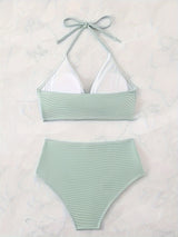 Elegant High-Waist Bikini Set with V-Neck Tie Detail - Stretchy, Non-Transparent Solid Color Swimsuit for Women
