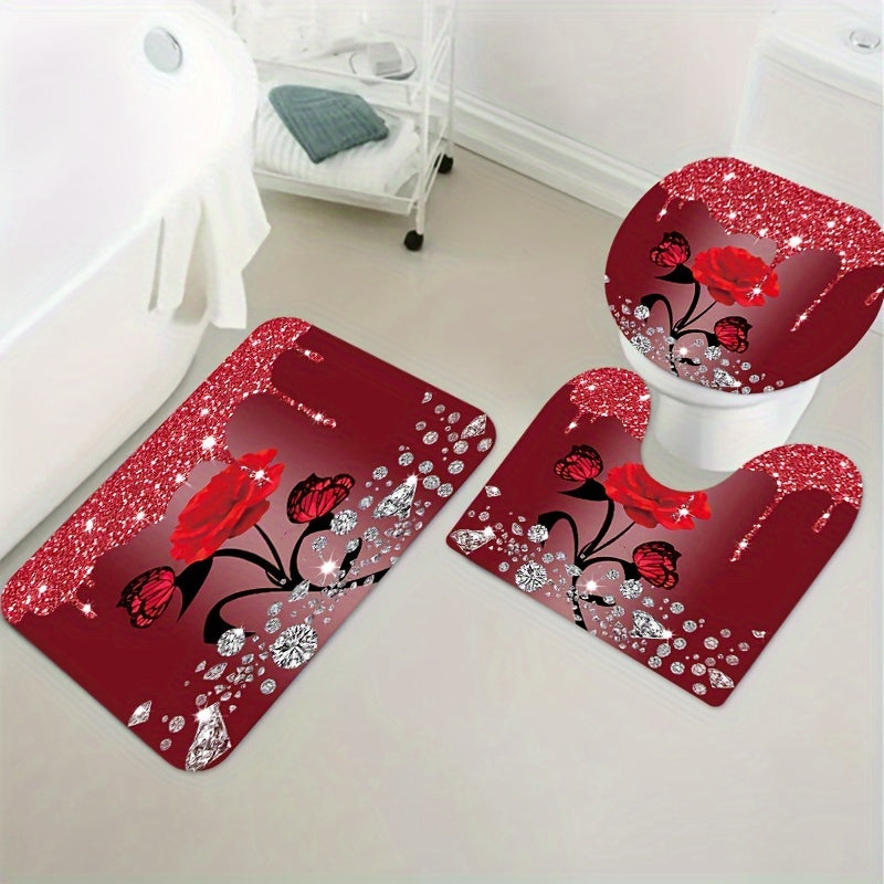 1/3/4pcs Diamond Butterfly Rose Pattern Shower Curtain Set - Waterproof, Non-Slip, Decorative Bathroom Essentials with Bath Mat, Toilet Cover Pad, U-Shaped Mat, and Hooks - Complete Home Bathroom Decor Solution