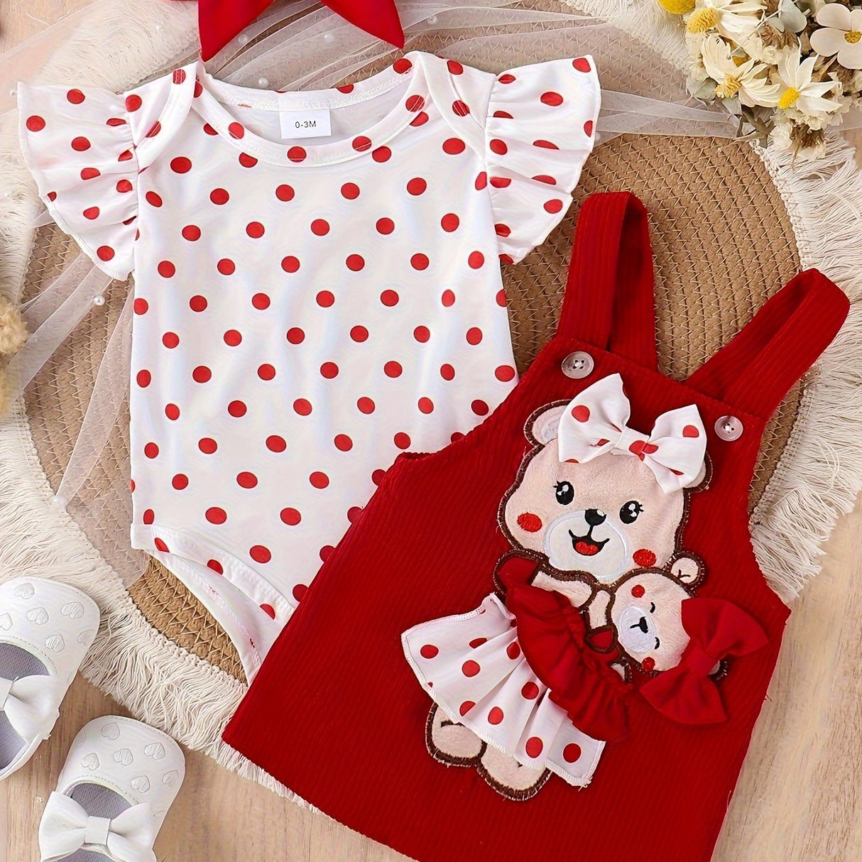 Baby Girl Outfit Summer Lace Short Sleeved + Teddy Bear Strap Skirt +Headknot 3pcs with 0-18Months