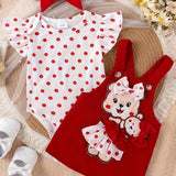 Baby Girl Outfit Summer Lace Short Sleeved + Teddy Bear Strap Skirt +Headknot 3pcs with 0-18Months