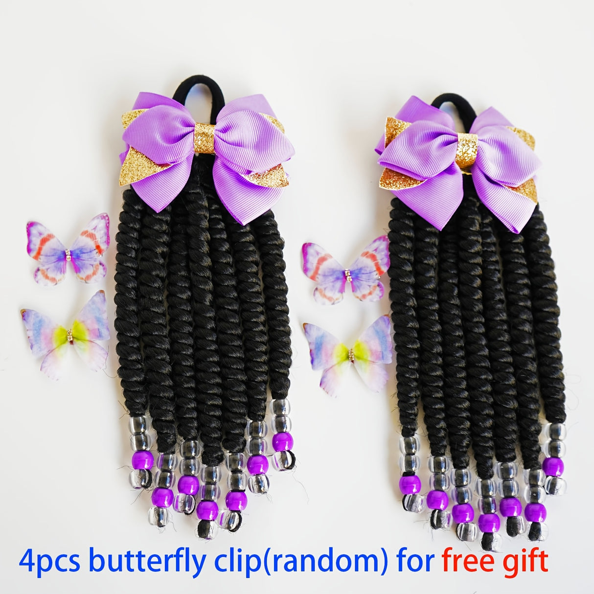 2pcs Delicate Kids Ponytail Extensions, Braids With Beads, Sweet Hair Extension With Elastic Tie, Twist Ponytails With Hair Bows Butterflies, Cute Pigtail, Beautiful Wig For Girls Casual Leisure Party Supplies, Gift Stage Per