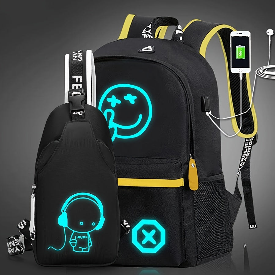 2pcs/set Cartoon Print Large Capacity Casual Backpack, 2-Piece Set: Travel Backpack, School Bag, Chest Bag