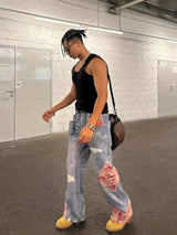 High Street Hip-hop Flared Jeans For Men And Women Summer Street Design LaceSplicing Mopping Pants
