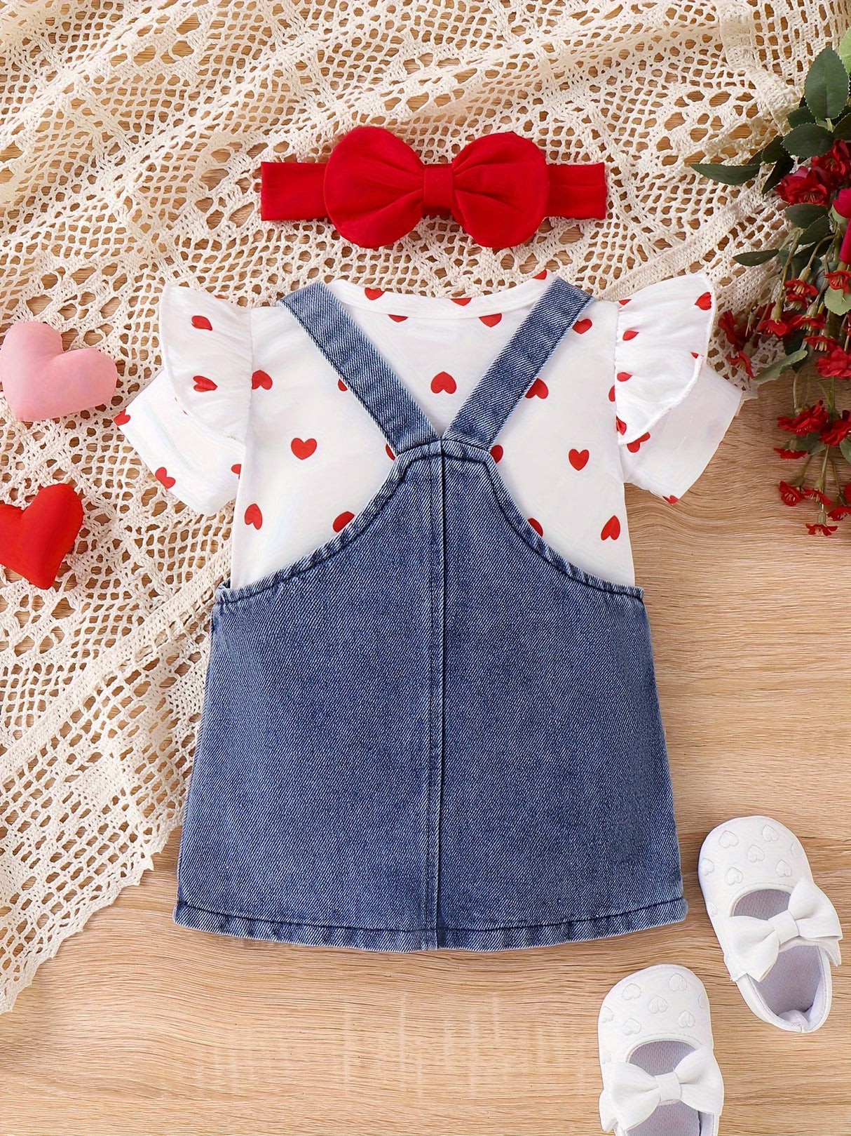 Baby Girl Outfit Summer Cute Strap Dress Set Headknot + Love Printed Climbing Clothes + Cowboy Bear Embroidered Strap Dress Three Piece Set With 0-18 Months, for Outdoor