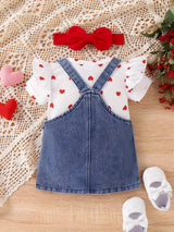 Baby Girl Outfit Summer Cute Strap Dress Set Headknot + Love Printed Climbing Clothes + Cowboy Bear Embroidered Strap Dress Three Piece Set With 0-18 Months, for Outdoor