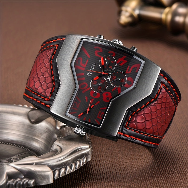 Oulm Classic Style Two Time Zone Men's Watches PU Leather Wristwatch Male Quartz Clock, Ideal choice for Gifts