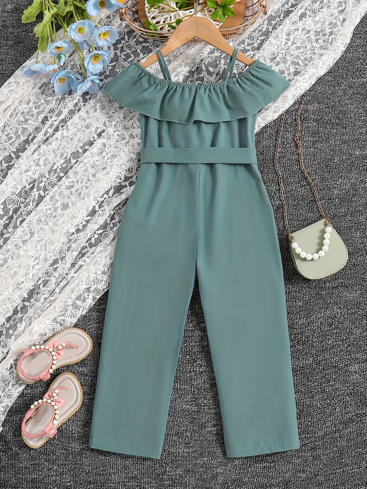 Girls Ruffle Cami Romper Belt Off Shoulder Elegant Summer Spring Autumn Kids Clothes