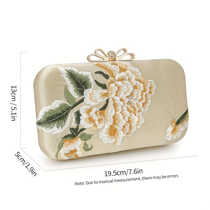 Flower Embroidery Pearl Chain Clutch Bag, Elegent Textured Metal Frame Bag, Classic Celebrity Dinner Evening Bag