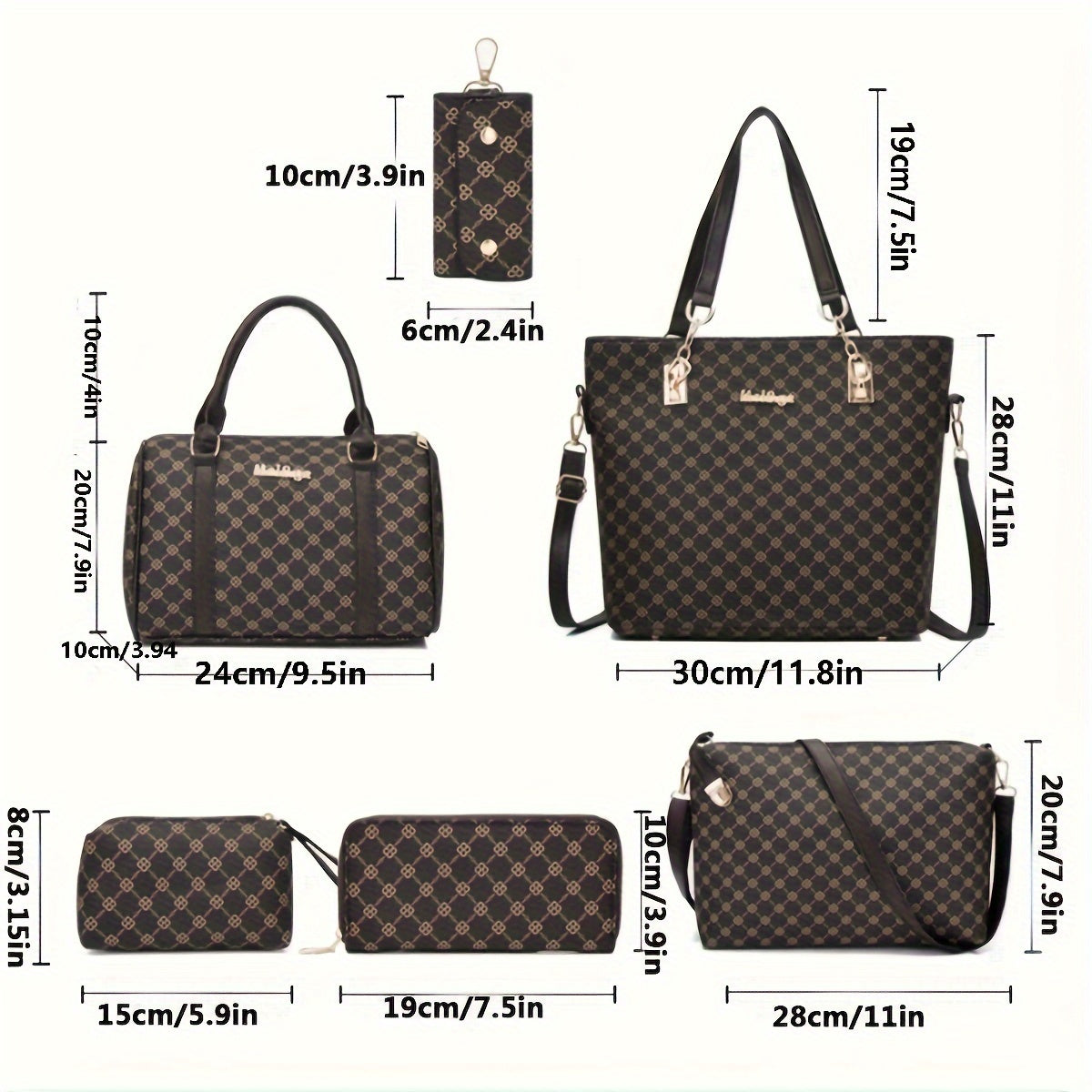 6pcss/set Designer Inspired PU Leather Keychain Wallet Set: Wristlet, Handbag, Crossbody, Tote, Duffle Bag