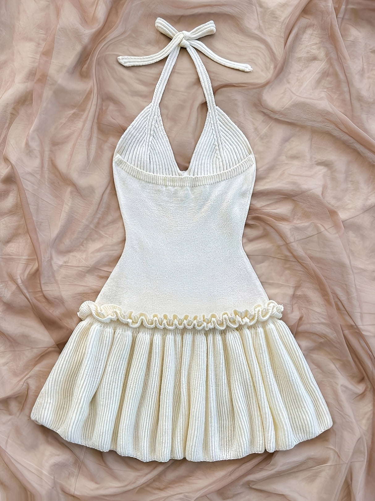 Elegant Sleeveless Knit Halter Dress for Women - Ribbed Texture with Lettuce Hem & Tie-Back Detail, Perfect for Spring/Fall, White, Casual Elegance | Tieback Swimsuit | Polyester Fabric