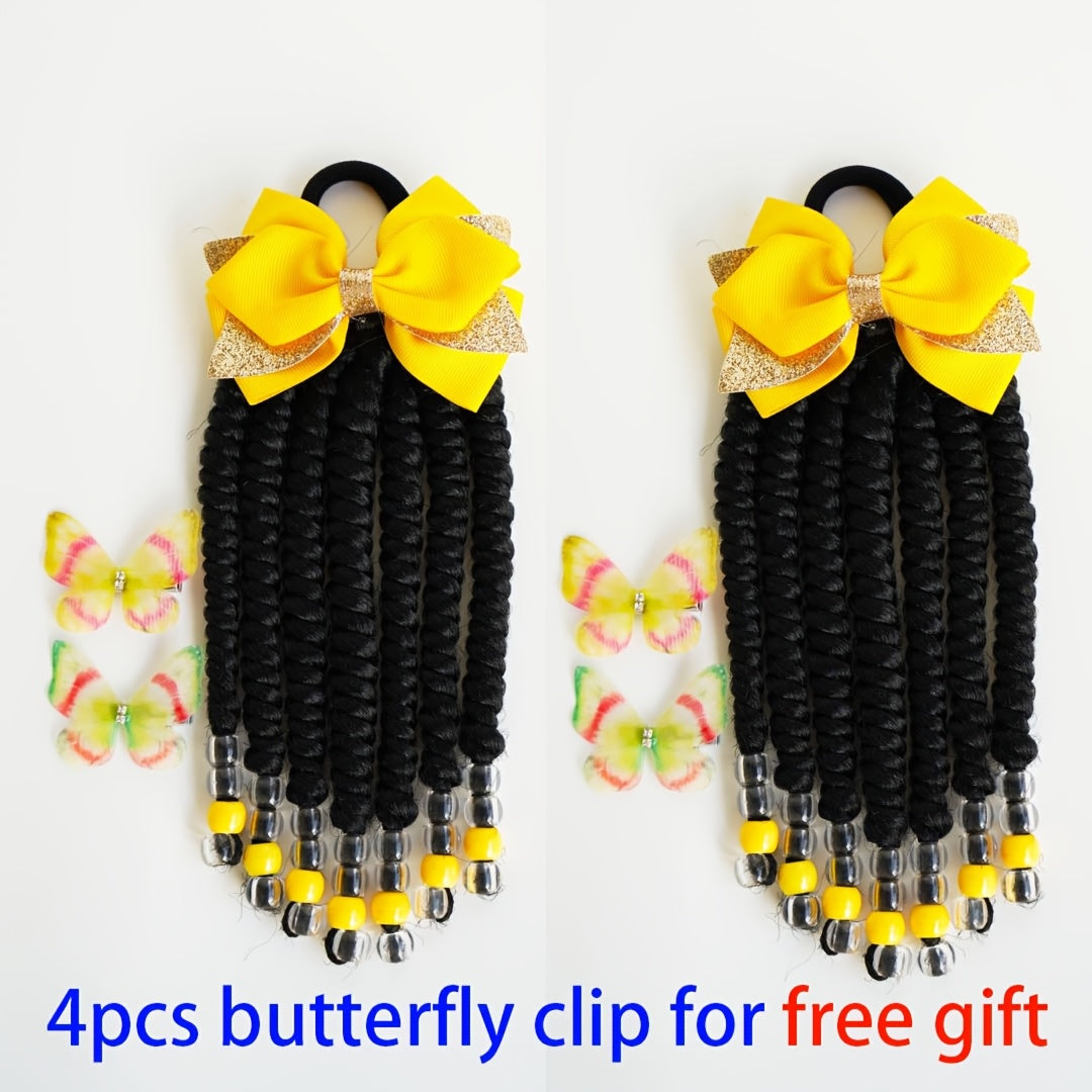 2pcs Delicate Kids Ponytail Extensions, Braids With Beads, Sweet Hair Extension With Elastic Tie, Twist Ponytails With Hair Bows Butterflies, Cute Pigtail, Beautiful Wig For Girls Casual Leisure Party Supplies, Gift Stage Per