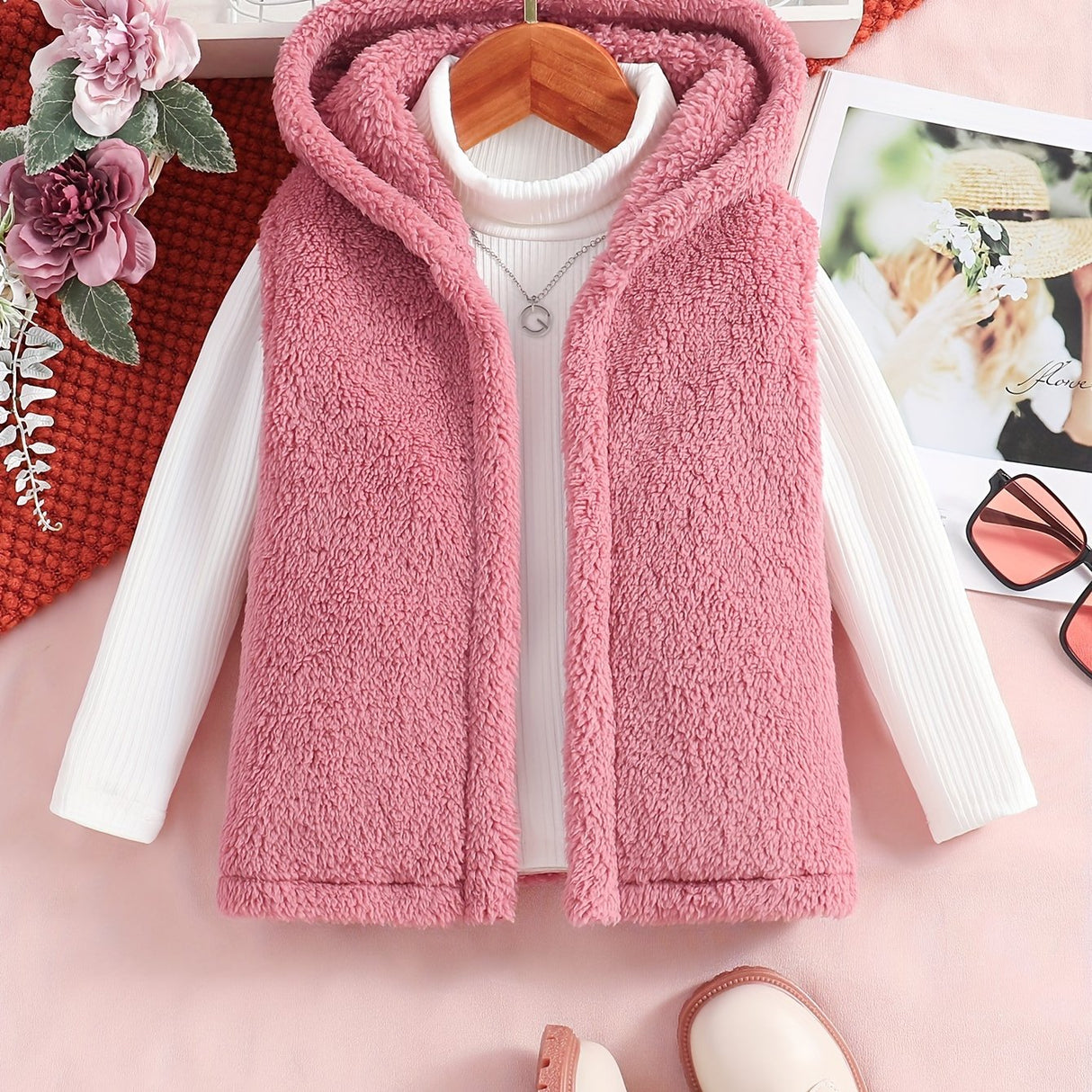 Comfy 2pcs Girls, Plush Sleeveless Hooded Jacket + Turtleneck Pullover Set Kids Clothes For Spring Fall Winter Gift