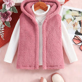 Comfy 2pcs Girls, Plush Sleeveless Hooded Jacket + Turtleneck Pullover Set Kids Clothes For Spring Fall Winter Gift
