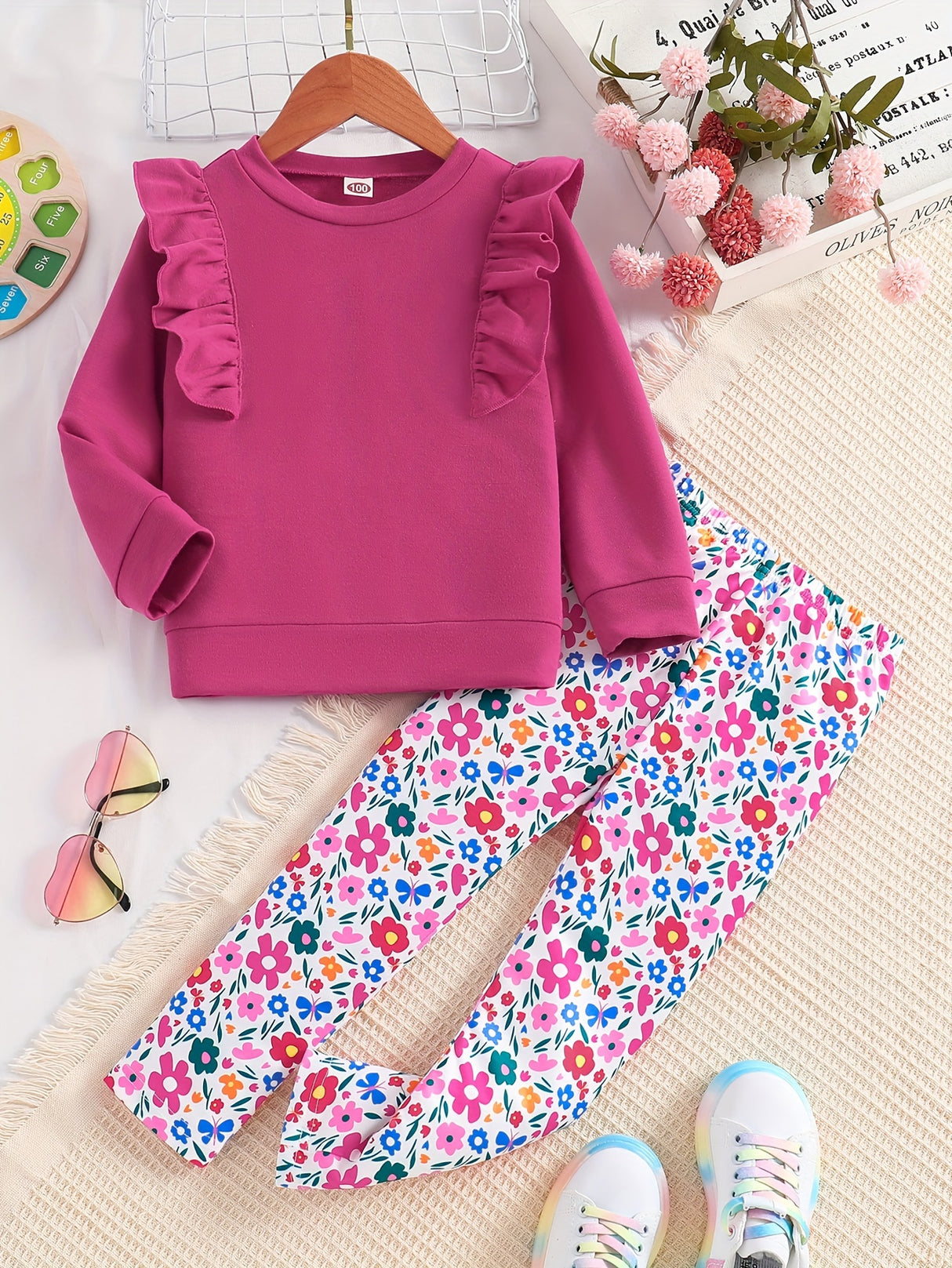 Girls 2pc, Flutter Trim Long Sleeve Pullover + Flora Pants Kids Clothes For Spring Fall