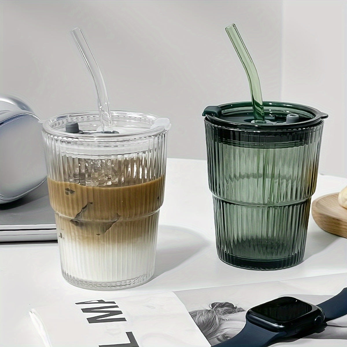 1pc Ribbed Glass Tumbler With Lid And Straw, Origami Style Drinking Glass, Iced Coffee Cups, Summer Winter Drinkware, Travel Accessories