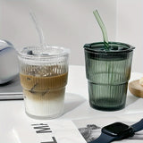 1pc Ribbed Glass Tumbler With Lid And Straw, Origami Style Drinking Glass, Iced Coffee Cups, Summer Winter Drinkware, Travel Accessories