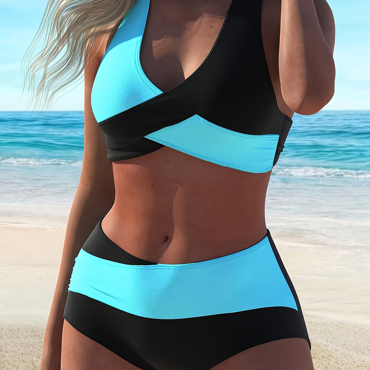 [Color Blocked Bikini] Two-piece Color Blocked Bikini Swimsuit - New European And American Cross Split Swimsuit For Women