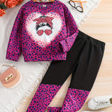 Girl's Camouflage Pattern 2pcs, Long Sleeve Top & Pants Set, Anime Sunglasses Girl Print Casual Outfits, Kids Clothes For Spring Fall