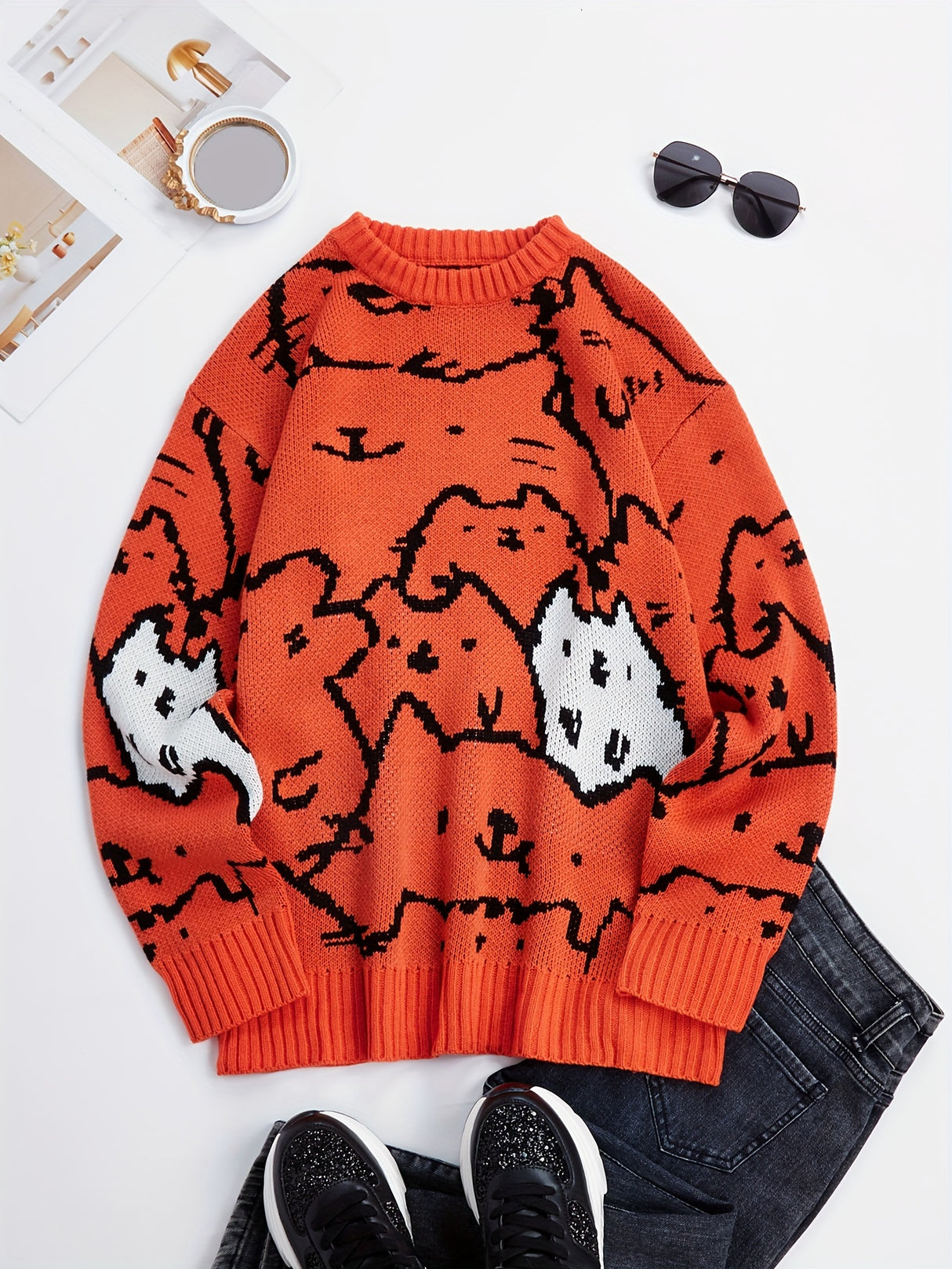Cute Cats Pattern Knitted Sweater, Men's Casual Warm Slightly Stretch Crew Neck Pullover Sweater For Men Fall Winter