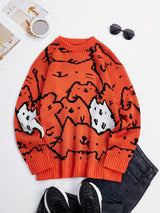 Cute Cats Pattern Knitted Sweater, Men's Casual Warm Slightly Stretch Crew Neck Pullover Sweater For Men Fall Winter