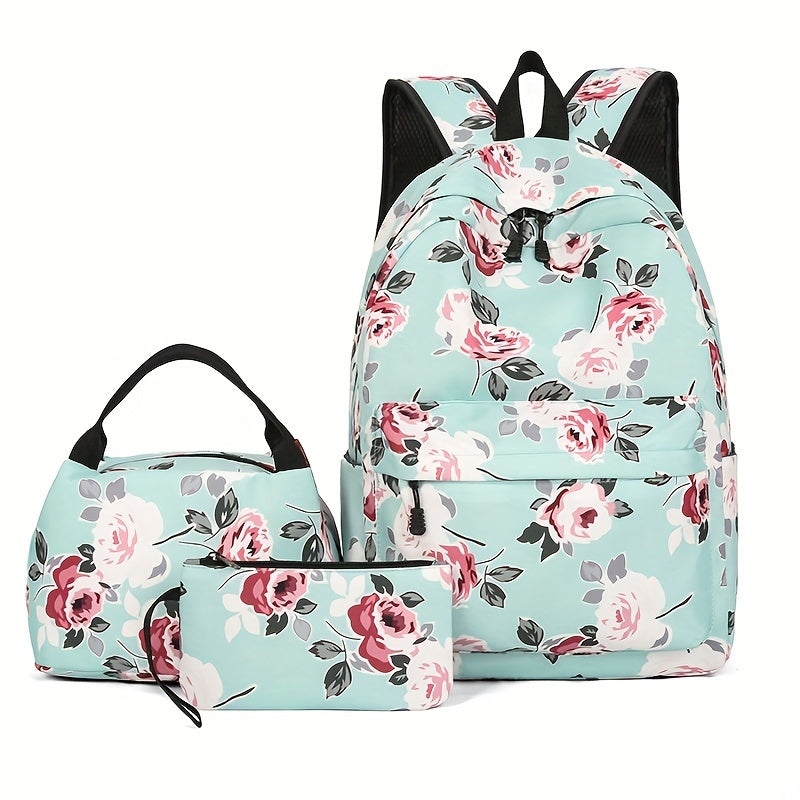 3-Piece Set Floral Fashion Backpack Collection - Stylish Student School Bag with Insulated Lunch Zipper Handbag & Detachable Zipper Clutch Bag for Girls and Women