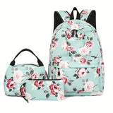 3-Piece Set Floral Fashion Backpack Collection - Stylish Student School Bag with Insulated Lunch Zipper Handbag & Detachable Zipper Clutch Bag for Girls and Women