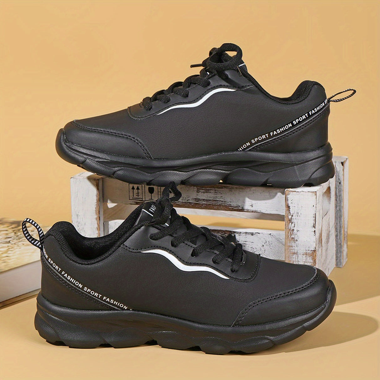 Women's Black Non-slip Sneakers, Casual Lace Up Faux Leather Running Shoes, Lightweight Outdoor Jogging Shoes