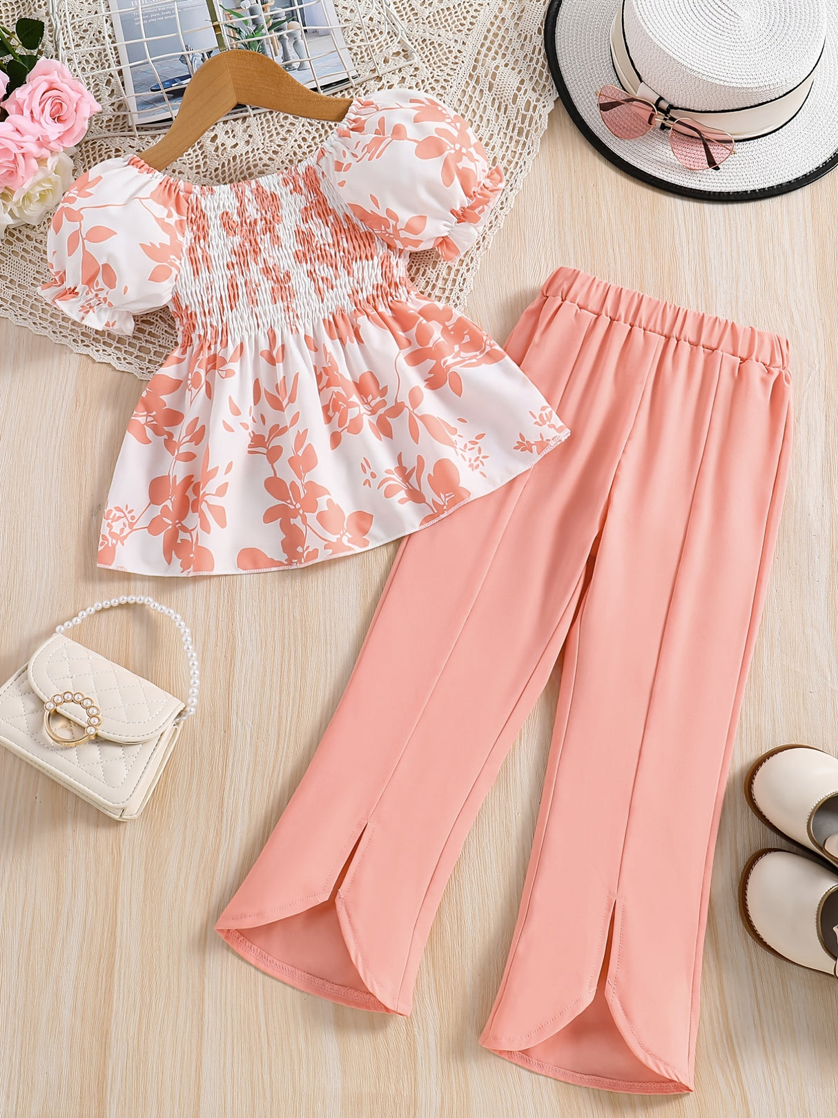 Girls 2pcs Shirred Shirt & Elastic Waist Flared Pants Set Floral Print Short Puff Sleeve Top Elegant Kids Clothes Summer