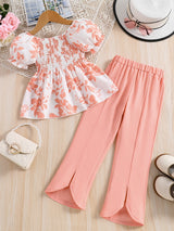 Girls 2pcs Shirred Shirt & Elastic Waist Flared Pants Set Floral Print Short Puff Sleeve Top Elegant Kids Clothes Summer