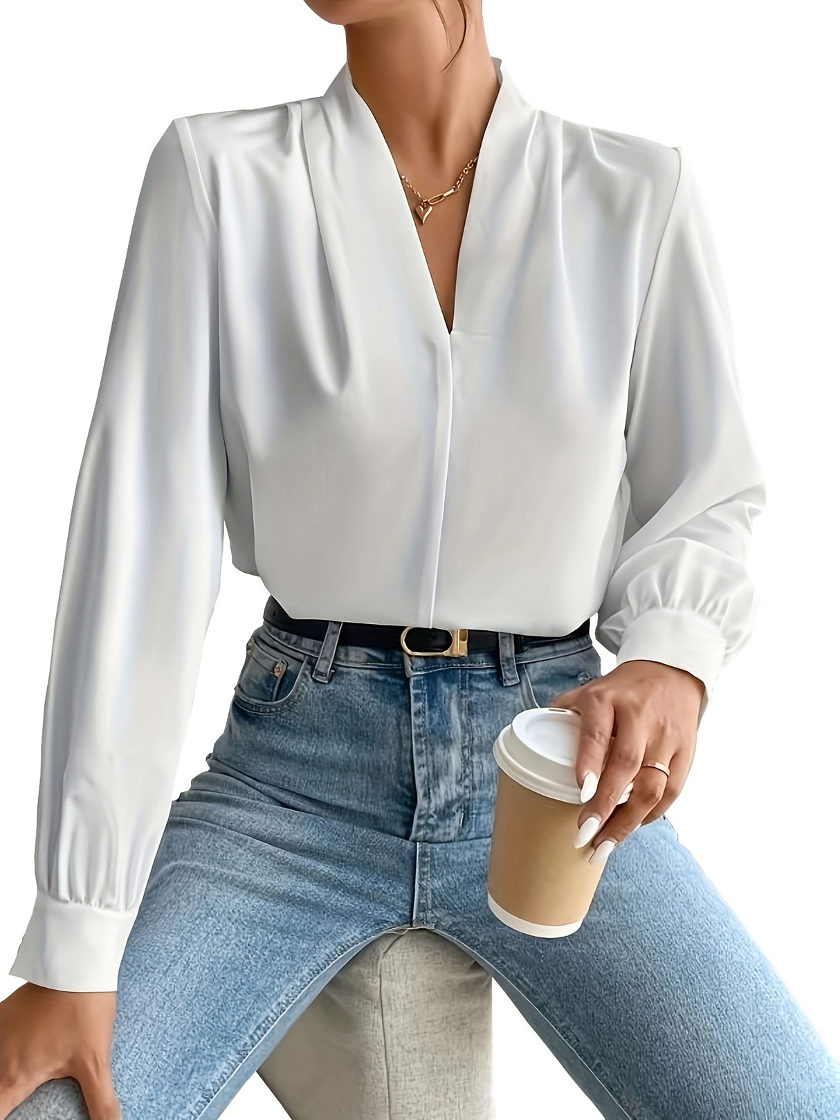 Chic Solid V-Neck Pleated Blouse - Stylish Workwear for Women - Fashionable Long Sleeve, Professional & Elegant - A Must-Have Office Wardrobe Staple