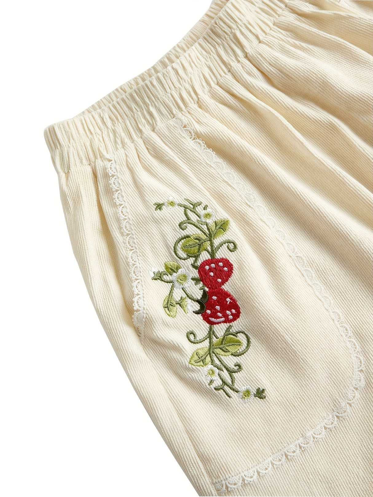 Stylish Embroidered Strawberry Casual Shorts for Women – Semi-Sheer, Elastic Waist, Durable Material for Summer