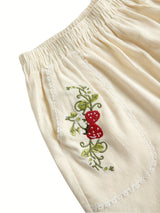 Stylish Embroidered Strawberry Casual Shorts for Women – Semi-Sheer, Elastic Waist, Durable Material for Summer
