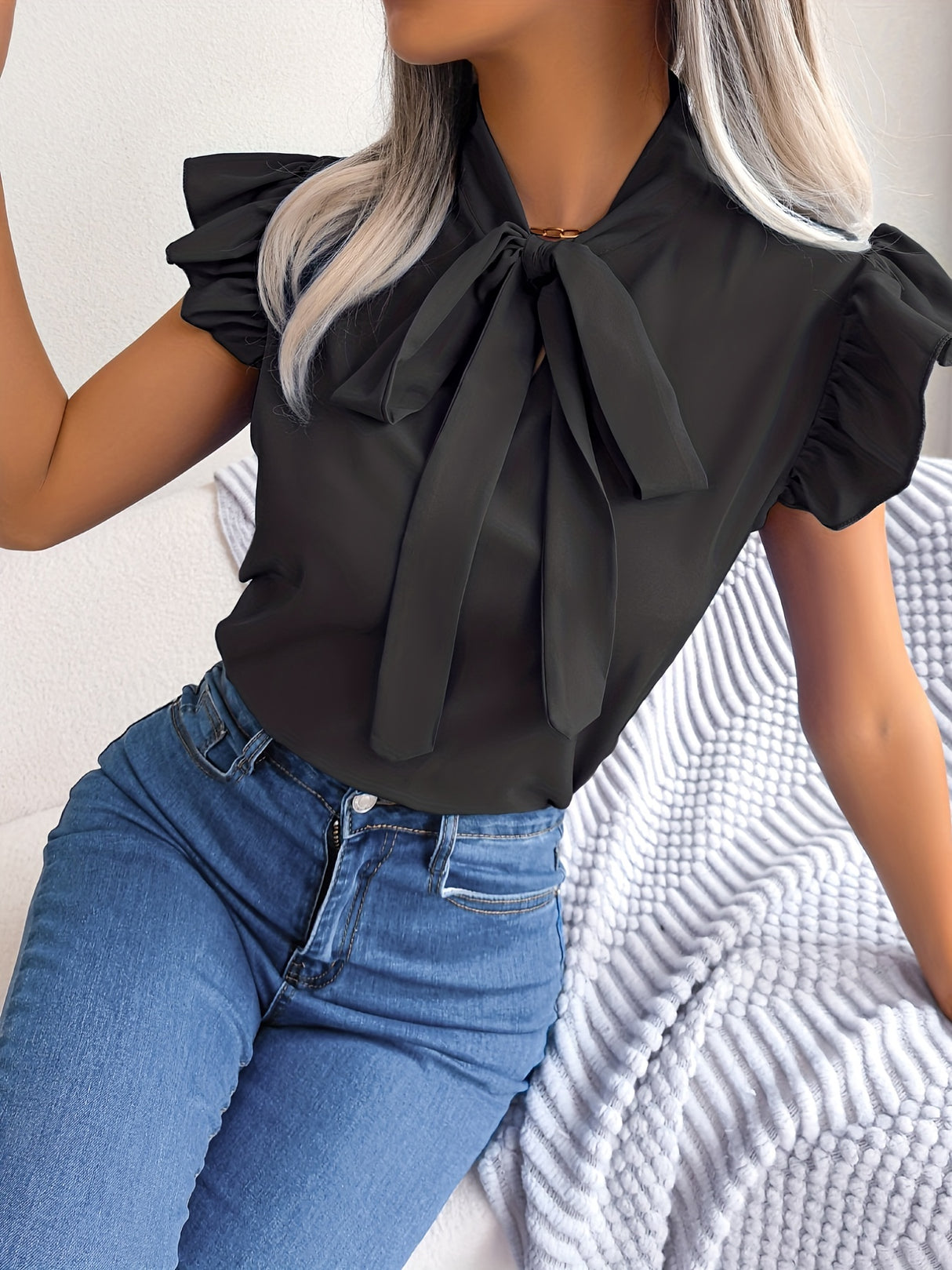 Bow Tie Flutter Sleeve Blouse, Elegant Sleeveless Solid Ruffle Trim Blouse, Women's Clothing Wedding holiday vacation