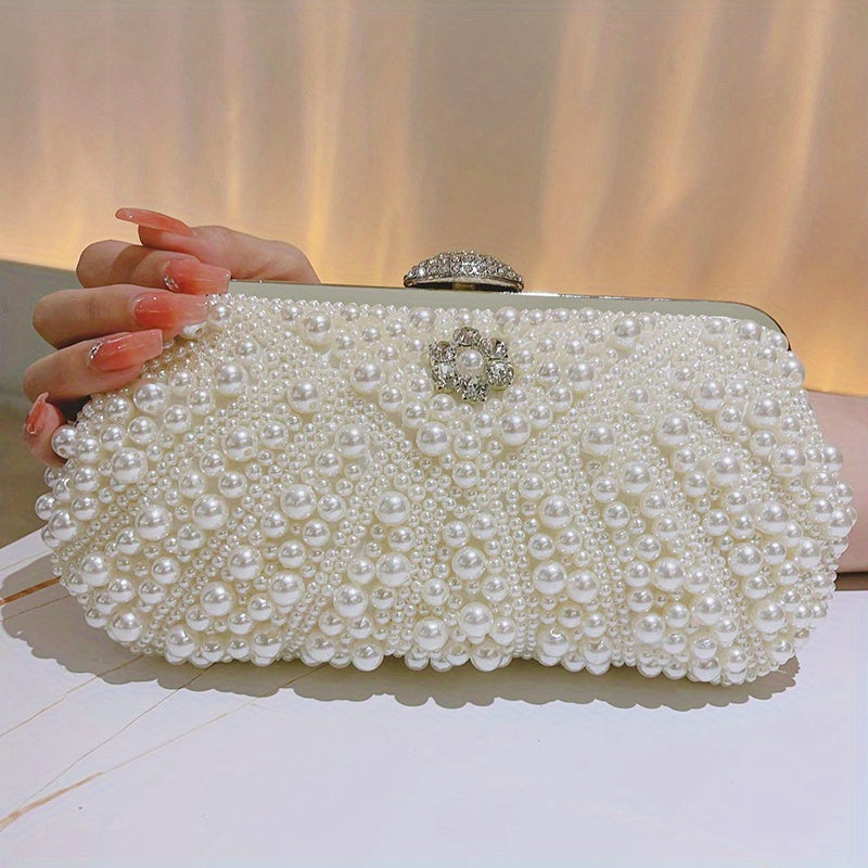 Luxurious Faux Pearl & Diamond Shell Pattern Clutch Bag - Buckle Closure, Metal Chain Strap, Polyester Lining, Solid Color, Party Perfect for Wedding, Evening Events - Elegant and Chic Handbag