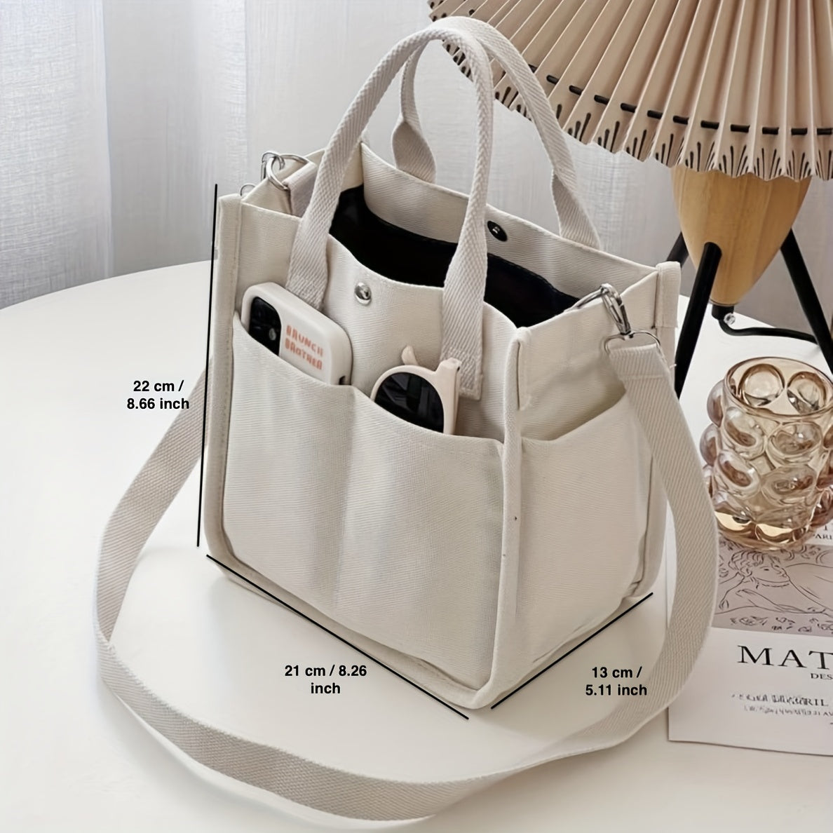 Mini Canvas Tote Bag With Top Handle, Multi Pockets Crossbody Bag, Portable Lunch Box Storage Bag