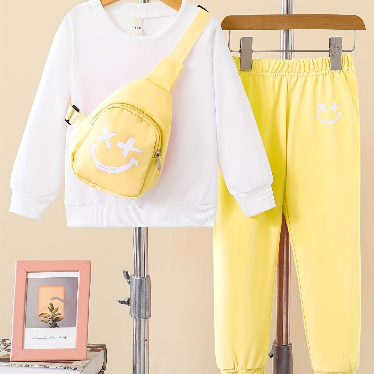 Girls 3pcs Trendy Sets, Solid Sweatshirt & Jogger Pants & Bag Sets Kids Clothes For Autumn Outdoor Sports