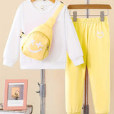 Girls 3pcs Trendy Sets, Solid Sweatshirt & Jogger Pants & Bag Sets Kids Clothes For Autumn Outdoor Sports