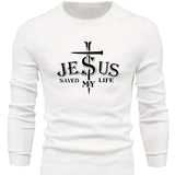 Jesus Saved My Life Print All Match Knitted Sweater, Men's Casual Warm Mid Stretch Crew Neck Pullover Sweater For Men Fall Winter