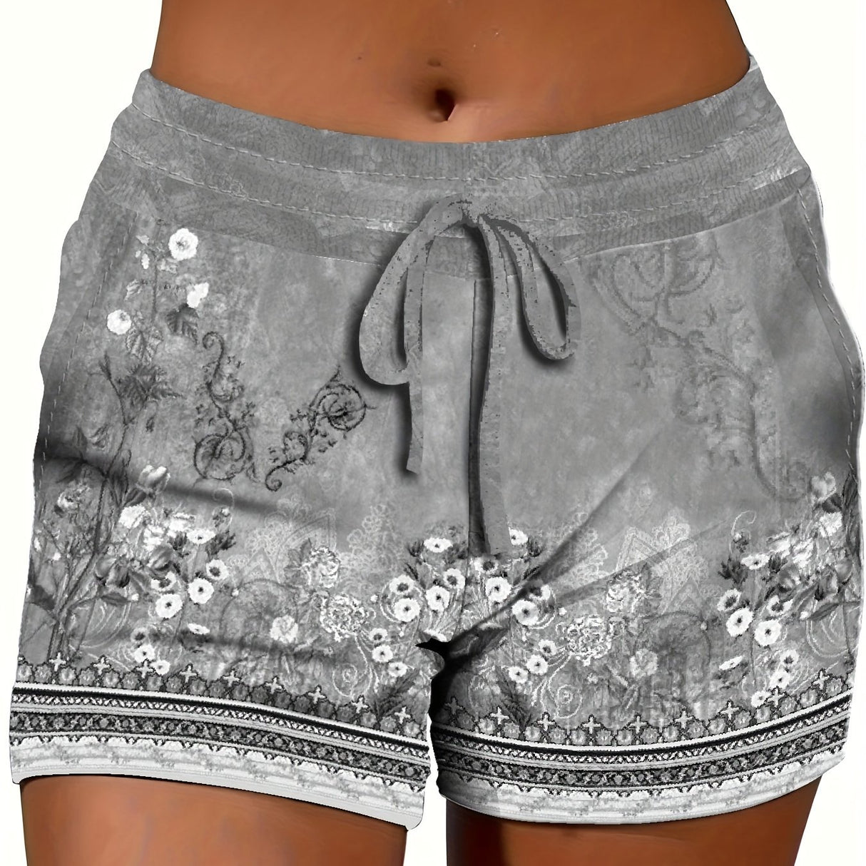 Stretchy Polyester Drawstring Waist Shorts - High Elasticity, All Over Random Print, Casual Summer Shorts for Women - Comfy, Breathable, and Quick Drying