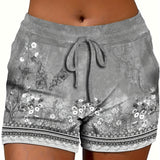 Stretchy Polyester Drawstring Waist Shorts - High Elasticity, All Over Random Print, Casual Summer Shorts for Women - Comfy, Breathable, and Quick Drying