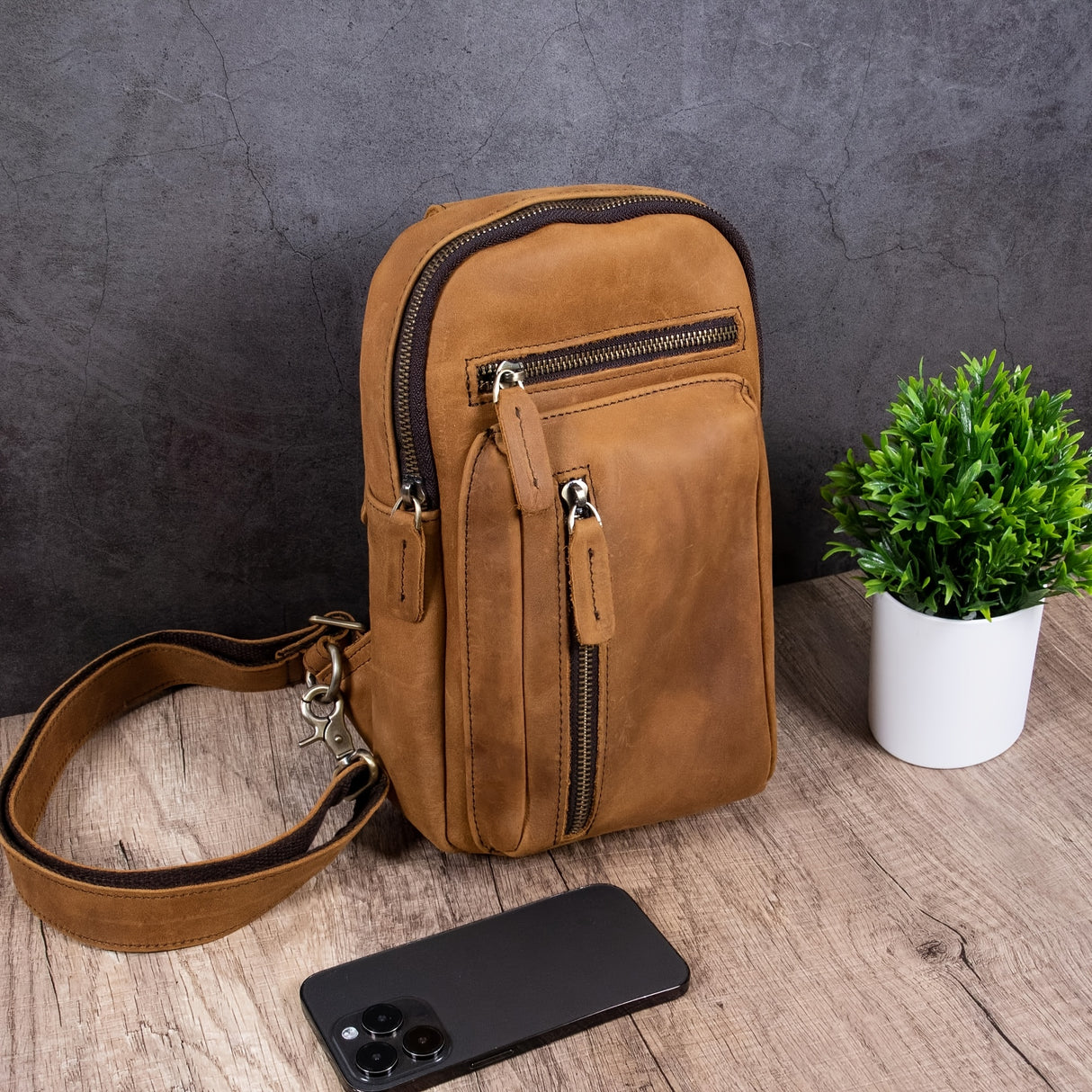 Men's Premium Crazy Horse Leather Belt Bag - Adjustable Crossbody Waist Pack with Multiple Compartments, Sporty Brown Sling Bag for Travel, Cycling & Outdoor Activities