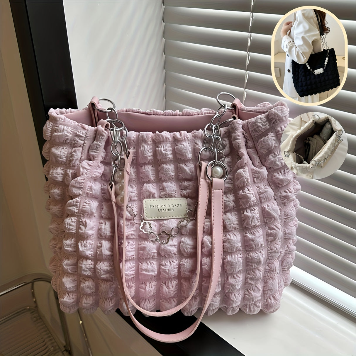 Pleated Bubble Shoulder Bag, Aesthetic Cloud Ruched Tote Bag, Fashion Soft Handbag For Women