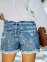 Ripped Distressed Denim Shorts for Women - Medium Stretch, Solid Color, Elegant Style, Customized, Woven, Spring/Summer Essential - No Printing, No Sheer, Frayed Hem, Ripped Details