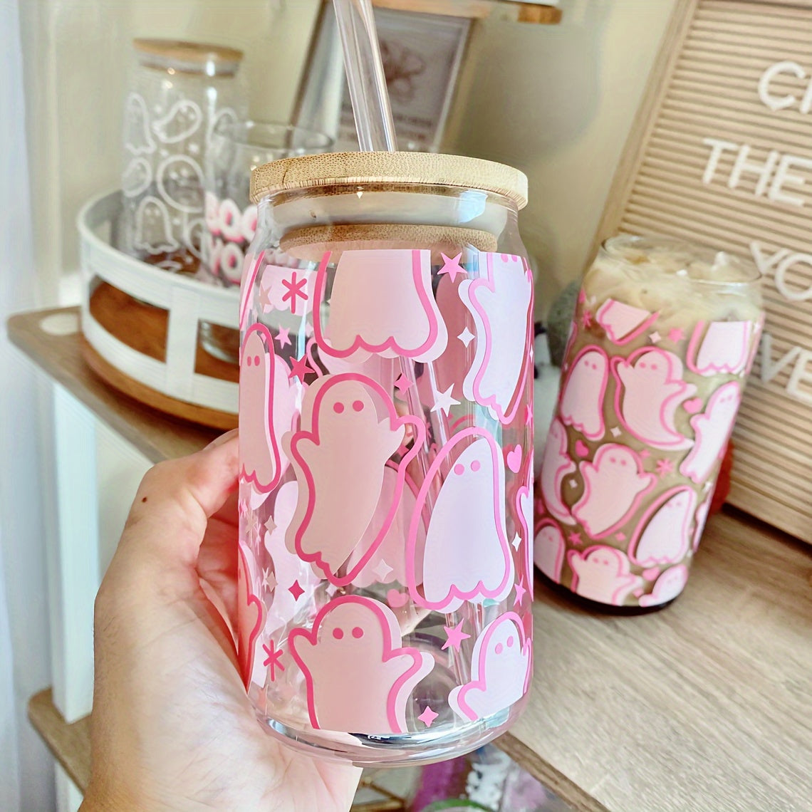 Quirky Pink Ghost 16oz Drinking Glass - Lid & Straw Set, Can-Shaped Iced Coffee Cup for Tea, Juice & Milk, Perfect Birthday & Halloween Gifts, Uniquely Fun Drinkware