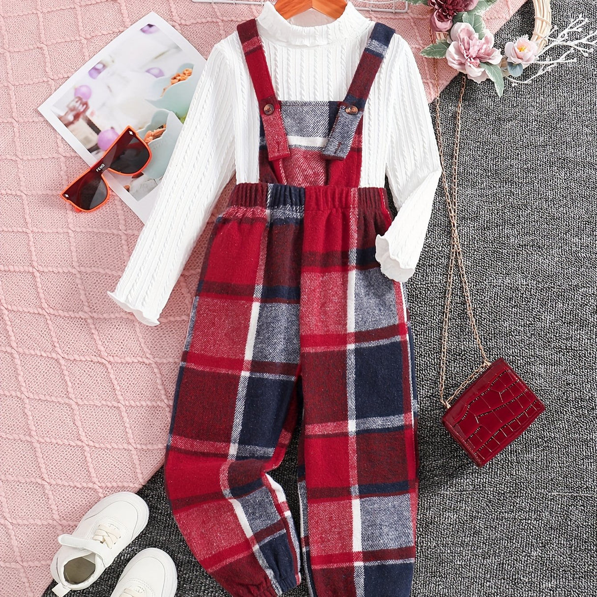 Girls 2pc, Solid Pullover Long Sleeve Top + Plaid Jumpsuit Kids Clothes For Spring Fall Outdoor