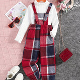 Girls 2pc, Solid Pullover Long Sleeve Top + Plaid Jumpsuit Kids Clothes For Spring Fall Outdoor