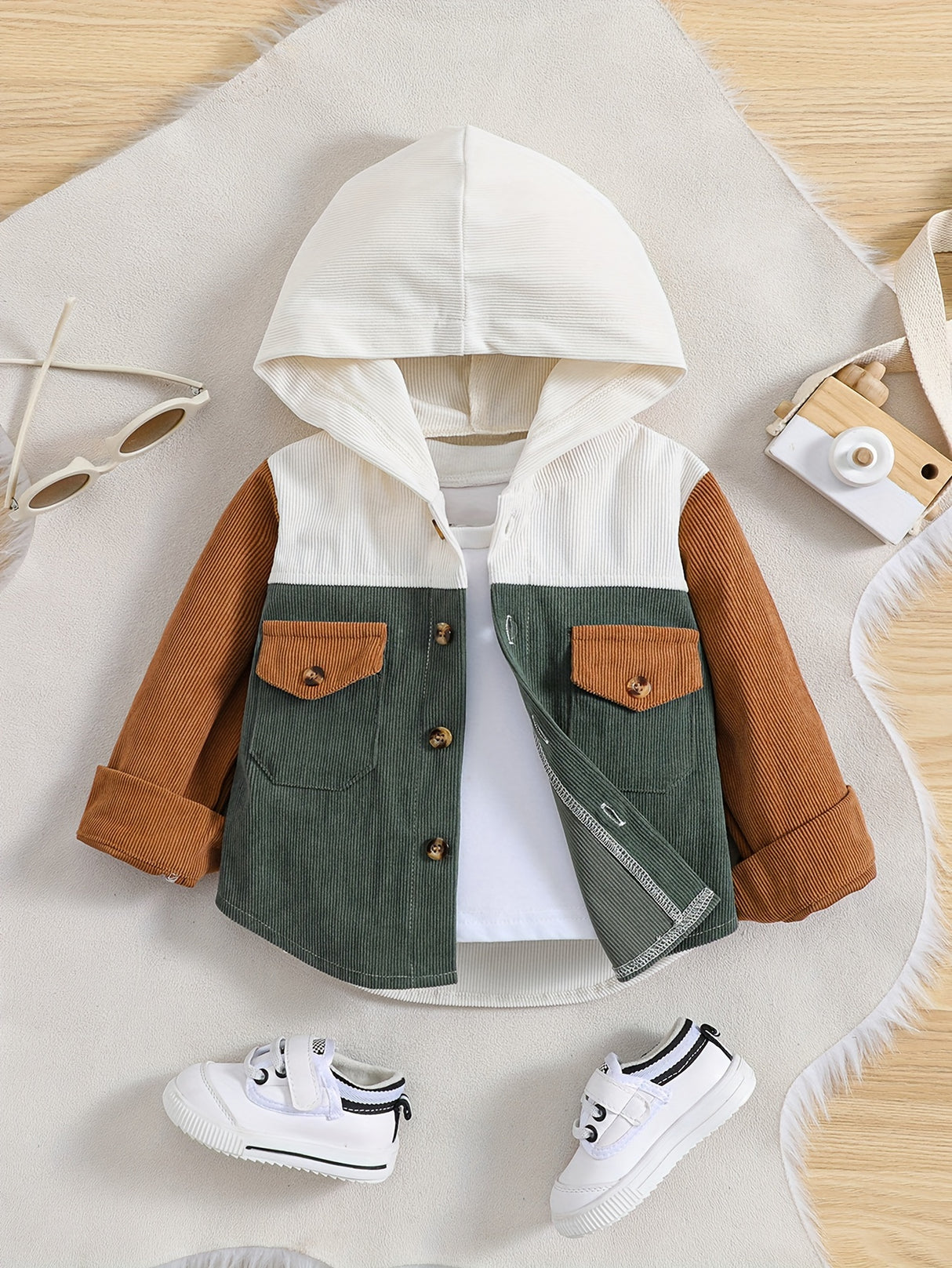 Toddler Boys Stylish Solid Color Hooded Bomber Jacket - Water-Resistant Polyester Fabric, Casual Button Down Coat with Pocket, Regular Fit for Spring and Fall Seasons